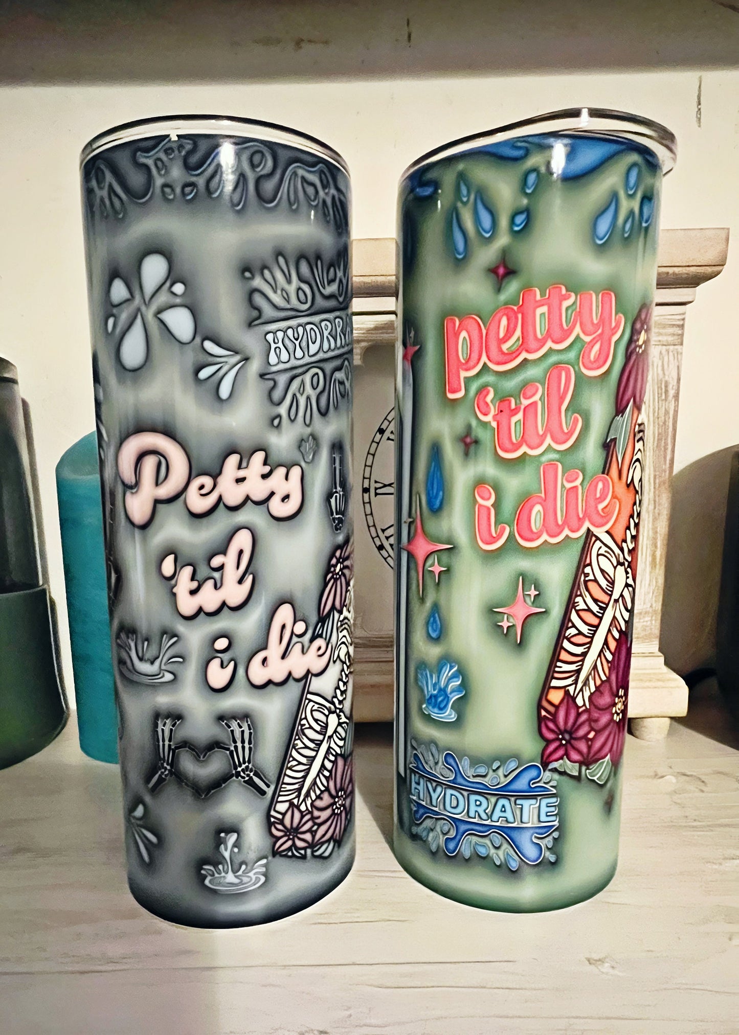 Drink Water and Mind Your Own Husband PNG, Tumbler Wrap, Full Wrap, 3D inflated retro, Petty 'til I die skeleton tumbler design, Digital