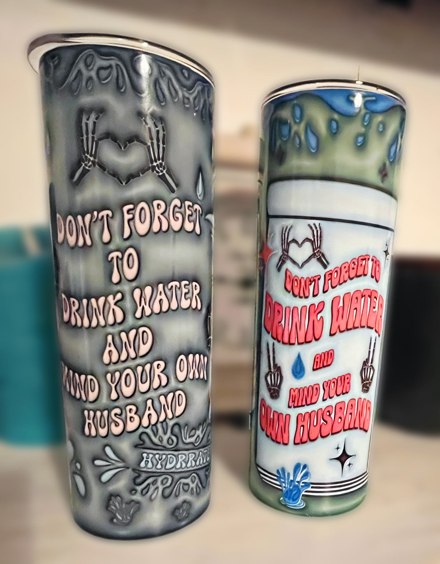 Drink Water and Mind Your Own Husband PNG, Tumbler Wrap, Full Wrap, 3D inflated retro, Petty 'til I die skeleton tumbler design, Digital