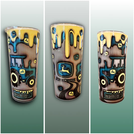 John Deere Tractor Kids Tumbler, Kids Country Tumbler, 3D Puffy Design, Gift for Boys, 16oz Stainless Steel Tumbler
